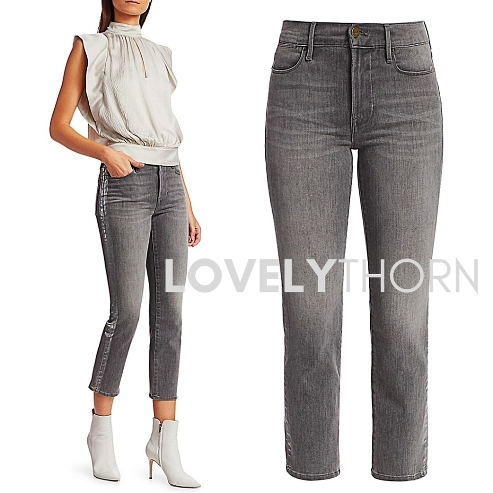 FRAME // le high straight leg foil tuxedo stripe crop grey jeans - Picture 11 of 16